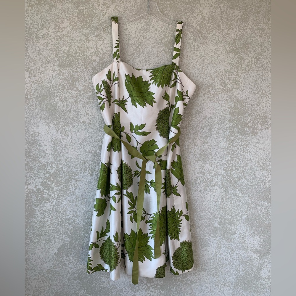 Jessica Howard White Midi Dress 12P Green Floral Print Waist Tie Garden Party